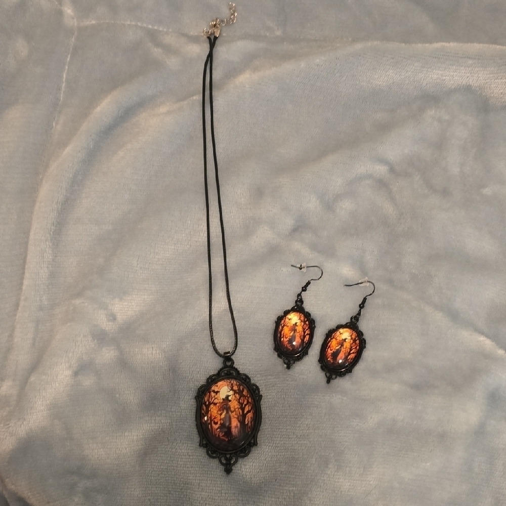 Halloween Pendant Necklace and Earring Set, Costume Jewelry